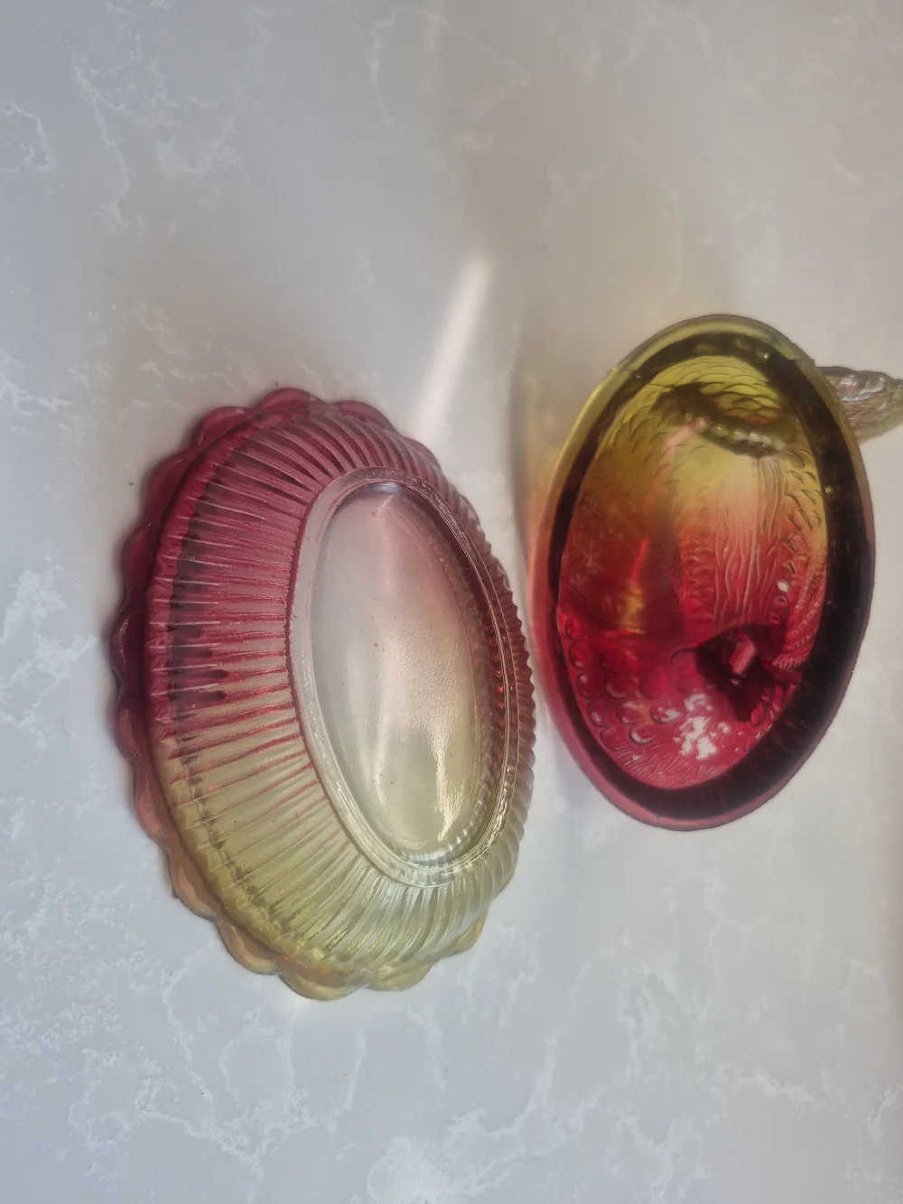 Hen On Basket. Carnival Glass Decorative Dish in Amber to Ruby Iridescent
